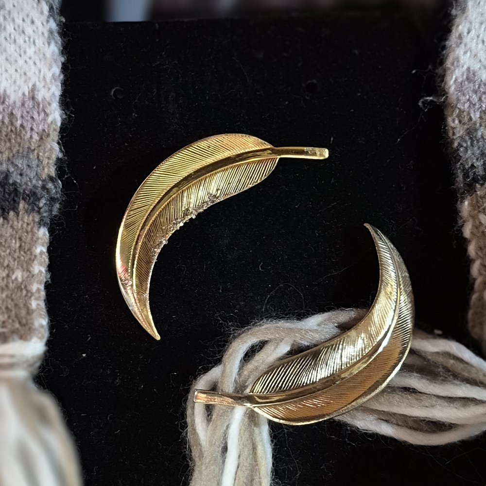 Pair Of Gold Beautiful Feather Brooches